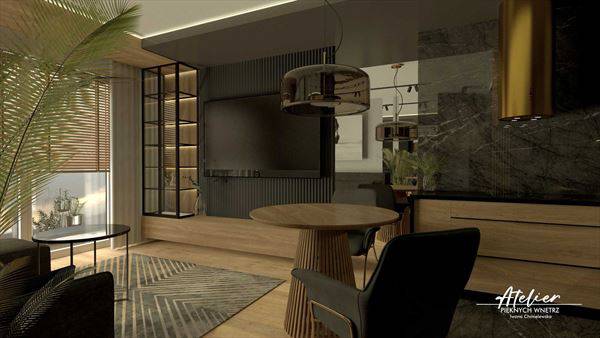 Nowoczesny salon z ergonomicznym aneksem kuchennym i tapetą