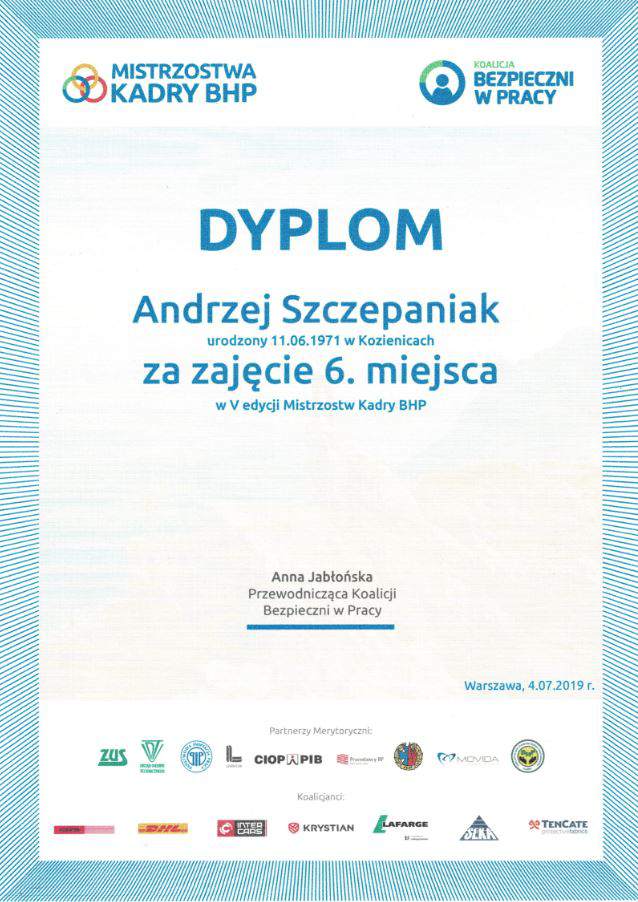 Dyplom Andrzeja Szczepaniaka za zajęcie szóstego miejsca w V edycji Mistrzostw kadry BHP
